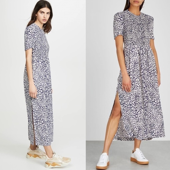 BAUM UND PFERDGARTEN Silk Short Sleeve Leopard Print Smocked Front Midi Dress 14 - Picture 13 of 16